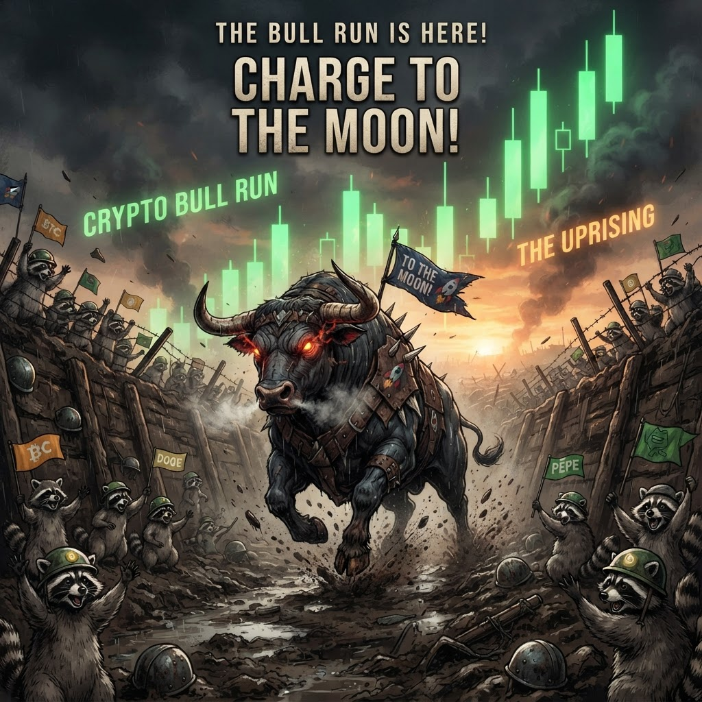 The black bull charging through the trenches with raccoons cheering