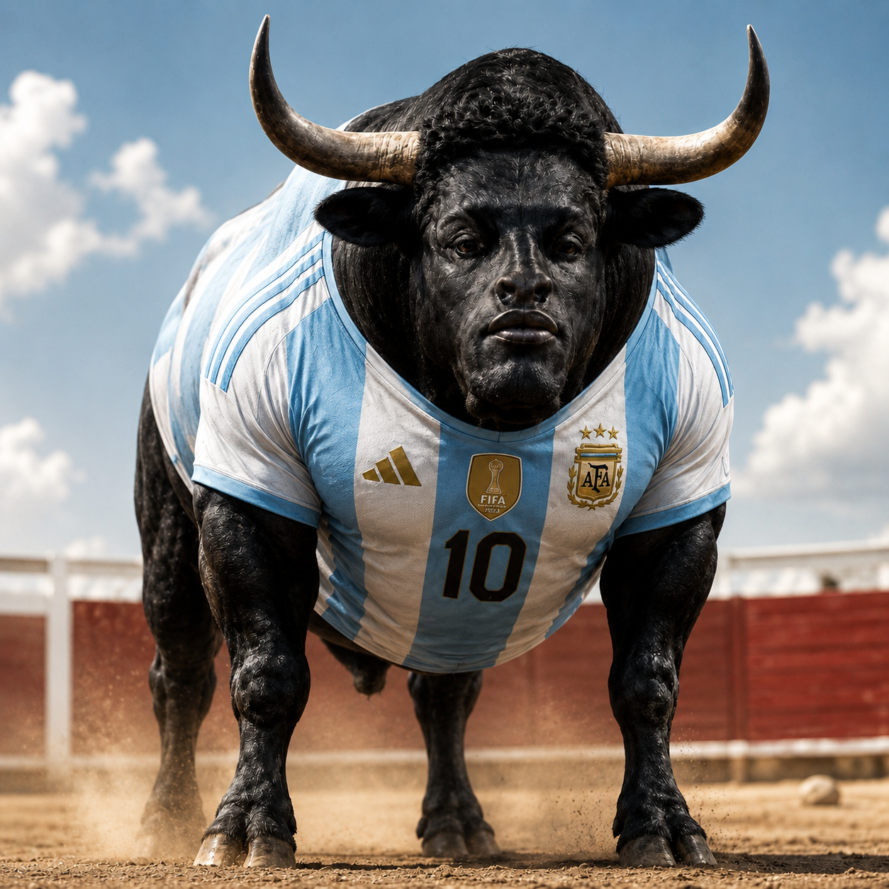 BULLSI, the black bull wearing the Argentina number 10 jersey