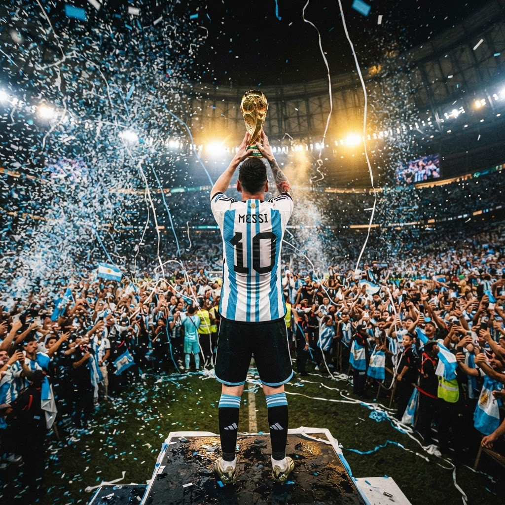 Player in Argentina jersey lifting the World Cup trophy